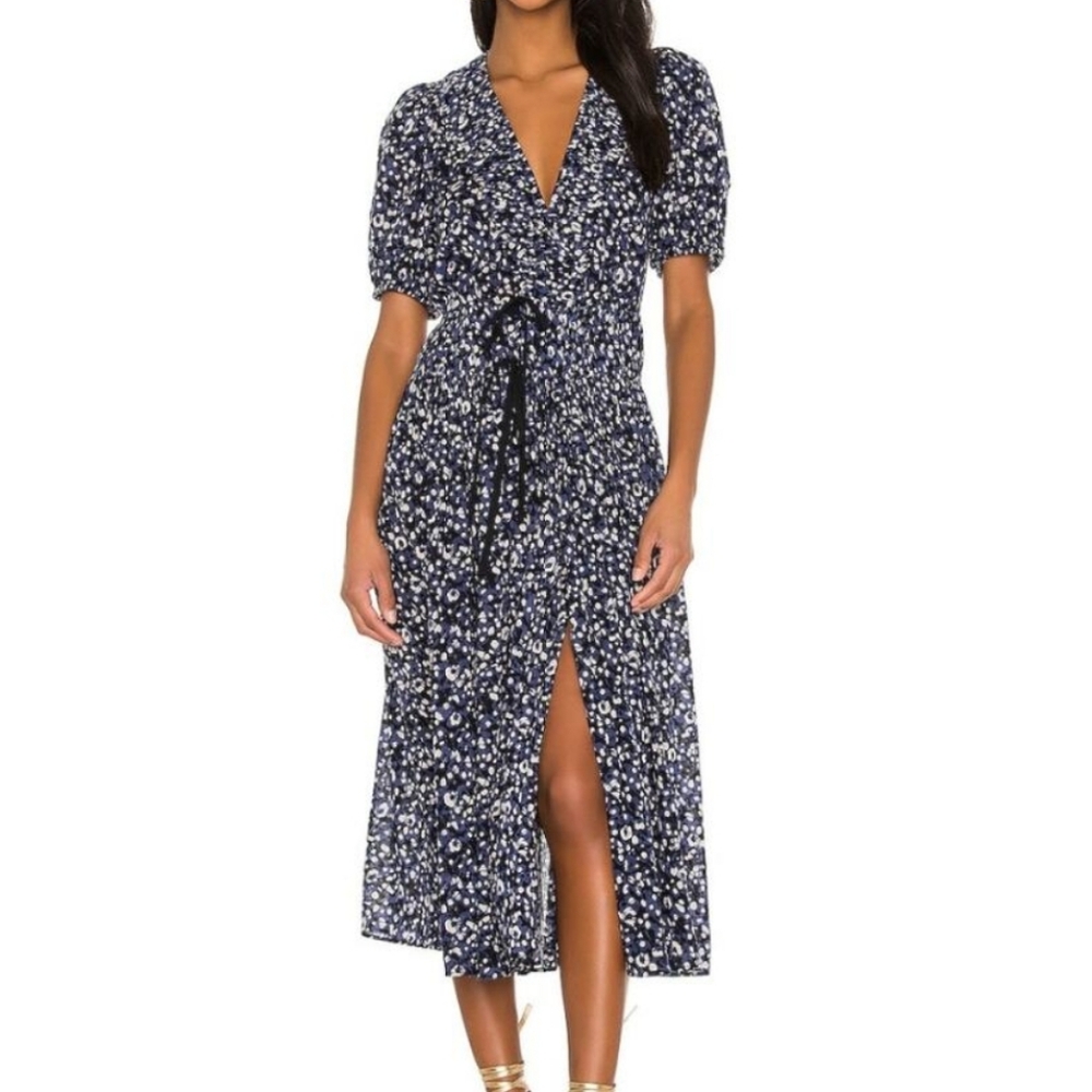 Ulla Johnson Kemala Dress Indigo Blue Wrap Tie Front Puff Sleeve Swing Midi 4